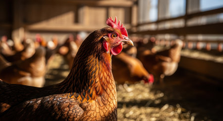 Pets. A striking brown hen is featured in a sunlit barn, surrounded by fellow chickens, highlighting the charm of farm life and the natural beauty of poultryの素材