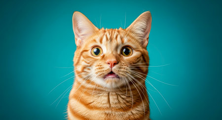 Pets. Orange tabby cat displays a surprised expression with wide eyes, sitting against a soft blue backdrop, emphasizing its playful and curious demeanorの素材
