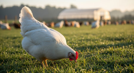 Pets. White chicken pecking at grass in a tranquil farm environment, surrounded by other chickens, with gentle sunlight creating a peaceful atmosphereの素材