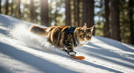 Pets. Maine Coon cat in a harness is snowboarding down a snowy slope, with sunlight filtering through tall trees, capturing the essence of winter adventure and funの素材