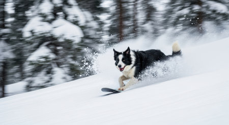 Pets. Playful dog dashes through the snowy landscape, creating a flurry of snowflakes, embodying joy and energy in a beautiful winter settingの素材