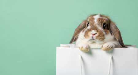Pets. Cute rabbit with soft fur is curiously peeking over a white shopping bag, set against a calming green backdrop, creating a whimsical pet sceneの素材