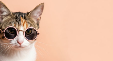 Pets. Cat with round sunglasses poses against a pastel background, highlighting its playful demeanor and fashionable look, creating a lively and cheerful sceneの素材