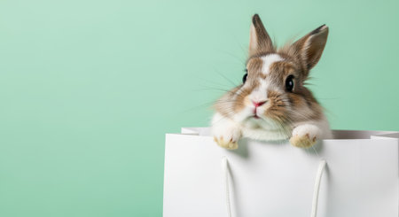 Pets. Cute rabbit is playfully peeking from a white shopping bag, set against a mint green backdrop, creating a charming and delightful pet scene for various projectsの素材