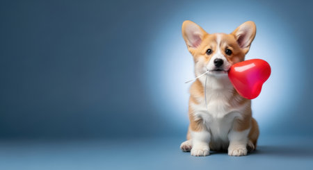Pets. Corgi puppy holds a red heart toy in its mouth, sitting on a smooth blue surface, exuding a playful and affectionate atmosphere in this delightful pet imageの素材