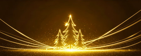Illustration of a golden Christmas tree with shimmering lights, surrounded by a festive atmosphere, evoking warmth and joy during the holiday seasonの素材