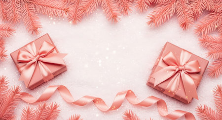 Two pink gift boxes with elegant bows are placed on soft white snow, surrounded by pink pine branches, evoking a warm holiday spirit and celebrationの素材