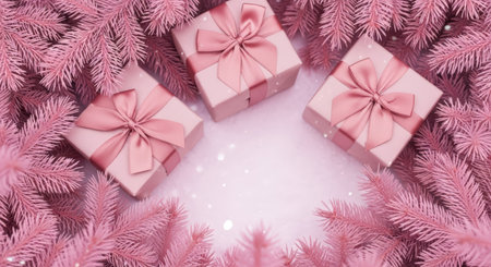 Three pink gift boxes with elegant bows are nestled among fluffy pink pine branches, evoking a joyful and festive spirit for holiday celebrationsの素材
