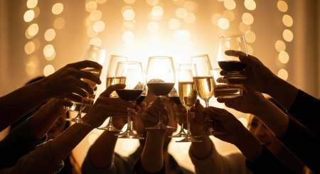 Diverse hands are raised with glasses filled with drinks, celebrating in a cozy atmosphere illuminated by soft glowing lights, embodying festive joy and togethernessの素材