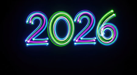 Vibrant neon lights create the number 2026 on a dark backdrop, representing the excitement and joy of New Year celebrations and holiday gatheringsの素材