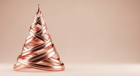 Elegant abstract sculpture resembling a Christmas tree, crafted from copper ribbons, creating a festive atmosphere in a minimalist environment with soft lightingの素材