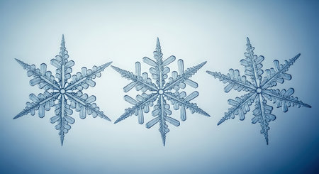 Three beautifully detailed snowflakes display unique designs and textures, set against a soft blue backdrop, capturing the essence of winter and festive celebrationsの素材