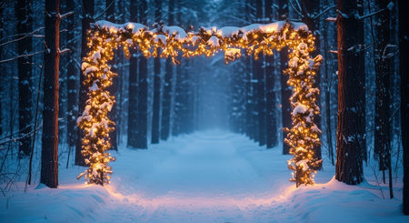A serene winter pathway is beautifully framed by a decorated arch with lights and greenery, inviting visitors into a snowy forest scene filled with holiday spiritの素材