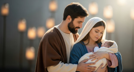 A mother and father embrace their newborn child in a serene setting, illuminated by gentle candlelight, evoking feelings of love and warmth in this intimate family momentの素材