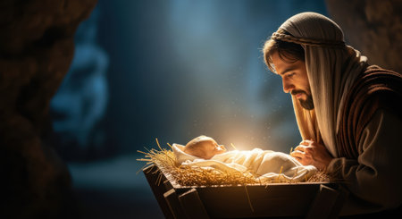 Scene depicts a man admiring an infant in a wooden cradle, surrounded by straw, with soft light creating a serene atmosphere of love and devotionの素材