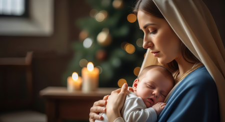 Mother gently holds her sleeping child in a cozy indoor space, illuminated by soft candlelight and adorned with festive decorations, creating a peaceful atmosphereの素材