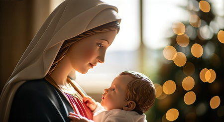 Mother tenderly cradles infant, exchanging a loving gaze, illuminated by soft light and warm bokeh, capturing the spirit of family and love during the Nativity seasonの素材