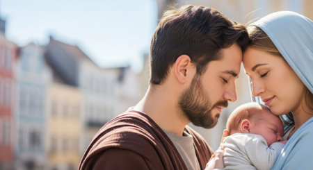 A loving family moment captures a mother and father holding their newborn child, radiating warmth and affection in a peaceful outdoor environment filled with soft lightの素材