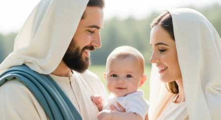 Portrait of a couple holding a baby, dressed in flowing garments, set against a tranquil natural backdrop, radiating warmth and familial loveの素材