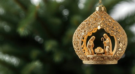 Intricate golden ornament showcases Nativity scene with figures of Mary, Joseph, and baby Jesus, elegantly suspended, creating a festive atmosphere and holiday spiritの素材