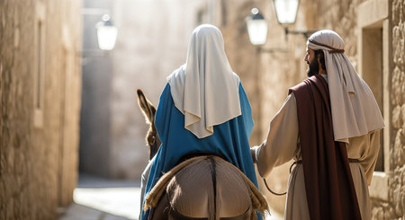 Traditional figures in historical clothing, walking beside a donkey on a cobblestone path, surrounded by warm light, capturing a moment of serene travel and deep meaningの素材