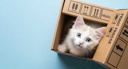 Pets. White kitten with blue eyes curiously peeks from a cardboard box against a soft blue backdrop, capturing a playful and innocent moment in a cozy settingの素材
