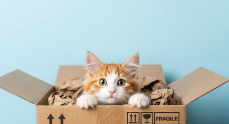 Pets. Playful orange tabby cat is curiously peeking from a cardboard box filled with crumpled paper, creating a joyful atmosphere in a bright settingの素材