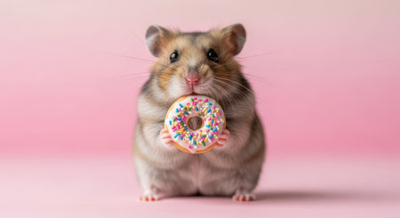 Pets. Cute hamster is joyfully holding a donut with sprinkles, surrounded by a soft pink background, creating a delightful and playful atmosphereの素材