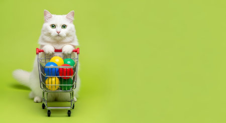 Pets. Playful white cat with striking green eyes is seated in a shopping cart filled with vibrant balls, creating a cheerful and whimsical atmosphereの素材