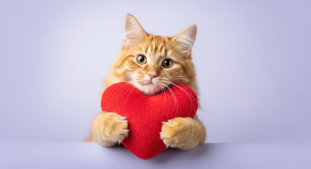 Pets. Orange tabby cat is gently holding a red heart plush toy, symbolizing love and companionship, creating a warm and inviting atmosphere for pet loversの素材
