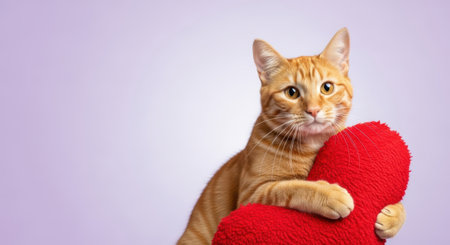Pets. Playful orange tabby cat is holding a soft red heart, set against a gentle purple background, capturing a moment of love and companionshipの素材