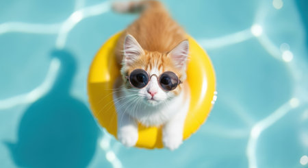 Pets. Adorable orange and white kitten with sunglasses is perched on a yellow float in a bright blue pool, radiating joy and summer vibesの素材
