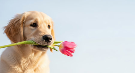 Pets. Playful golden retriever puppy with a pink tulip in its mouth, against a serene blue sky, radiating joy and innocence in a delightful sceneの素材