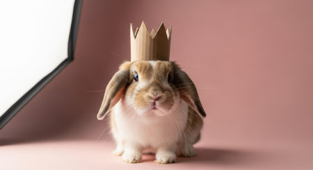 Pets. Cute rabbit with a crown, positioned against a pink backdrop, illuminated softly, creating a playful and delightful scene for animal enthusiastsの素材