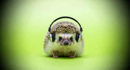 Pets. Cute hedgehog with headphones on a bright green background, creating a fun and lively scene, ideal for pet lovers and music-themed projectsの素材
