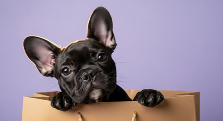 Pets. Playful black French Bulldog puppy is peeking from a brown shopping bag, set against a soft purple background, radiating charm and curiosity in a delightful sceneの素材