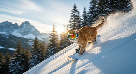 Pets. Playful ginger cat in colorful goggles snowboards down a snowy slope, surrounded by evergreen trees and mountains, capturing a fun winter sceneの素材
