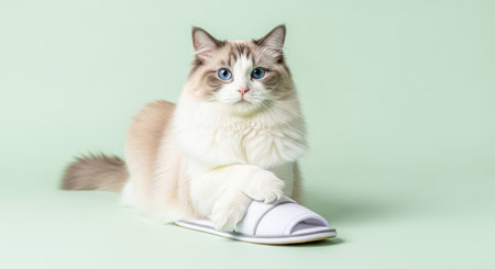 Pets. Domestic cat with fluffy fur and blue eyes is comfortably resting on a white slipper, set against a calming green backdrop, creating a cozy pet sceneの素材