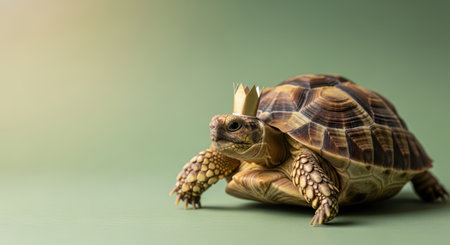 Pets. Charming tortoise adorned with a tiny crown moves gracefully on a gentle green backdrop, highlighting its playful character and delightful presenceの素材