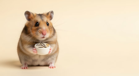 Pets. Cute hamster is holding a bowl filled with sunflower seeds, displaying its fluffy fur and bright eyes, creating a charming and playful atmosphereの素材