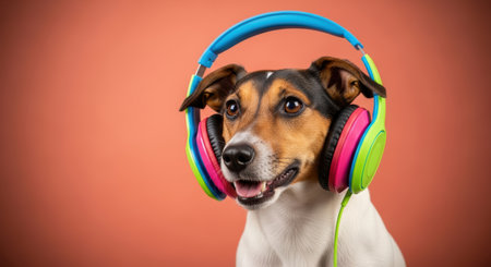 Pets. Happy dog with headphones is posed against a bright orange backdrop, radiating a cheerful vibe and showing a playful personalityの素材