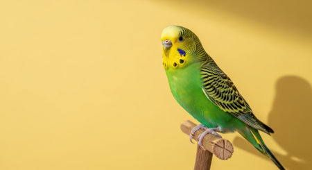 Pets. Vibrant budgerigar sits on a wooden perch with a bright yellow backdrop, highlighting its colorful feathers and lively personality in a joyful settingの素材