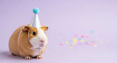 Pets. Cute guinea pig in a shiny party hat, posed against a pastel purple backdrop with vibrant confetti, creating a cheerful and festive atmosphereの素材