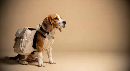 Pets. Beagle dog with a fashionable backpack sits against a soft neutral backdrop, highlighting its playful demeanor and adventurous spirit in a charming settingの素材