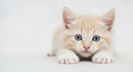 Pets. Fluffy kitten with striking blue eyes is playfully crouching on a soft surface, highlighting its adorable features and curious demeanor in a calm settingの素材