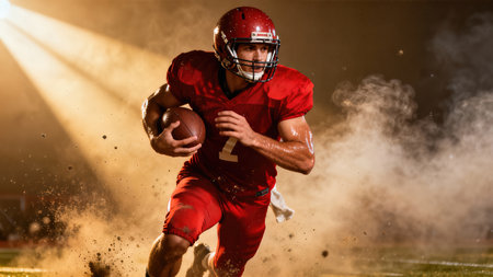 American football. Football athlete in red gear sprinting on field, ball in hand, surrounded by dramatic lighting and smoke, emphasizing action and intensityの素材