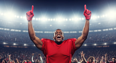 American football. Football athlete in red uniform celebrates victory in stadium, arms raised in joy, surrounded by enthusiastic fans, embodying the excitement of the sportの素材