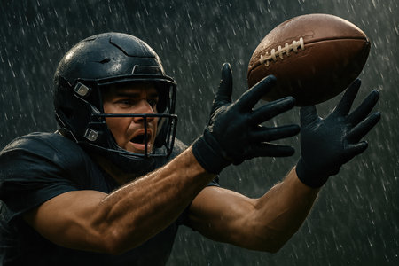American football. Football athlete in black gear is reaching for a ball amidst pouring rain, highlighting skill and focus in a challenging outdoor environmentの素材