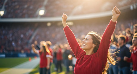 American football. Female football fan joyfully celebrating a win at a game, surrounded by enthusiastic crowd, capturing the excitement and energy of the momentの素材