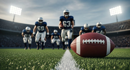 American football. Group of American football athletes in blue jerseys running on a lush green field, with a football prominently displayed in the foreground, capturing the thrill of competitionの素材